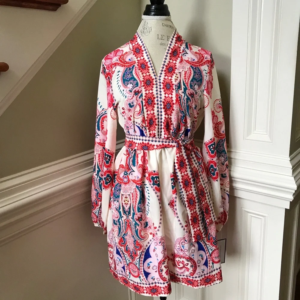 NWT Goodnight Macaroon Lola Dress Womens Small Red Blue Long Sleeve V-Neck Belt - Picture 3 of 12